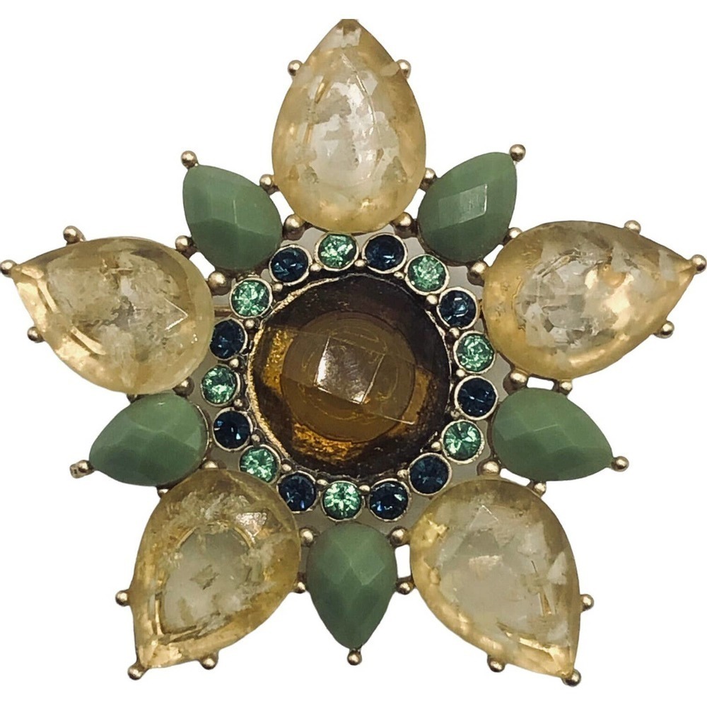 Vintage faceted multi color Green Brown Tan Star Flower gemstone brooch Pin